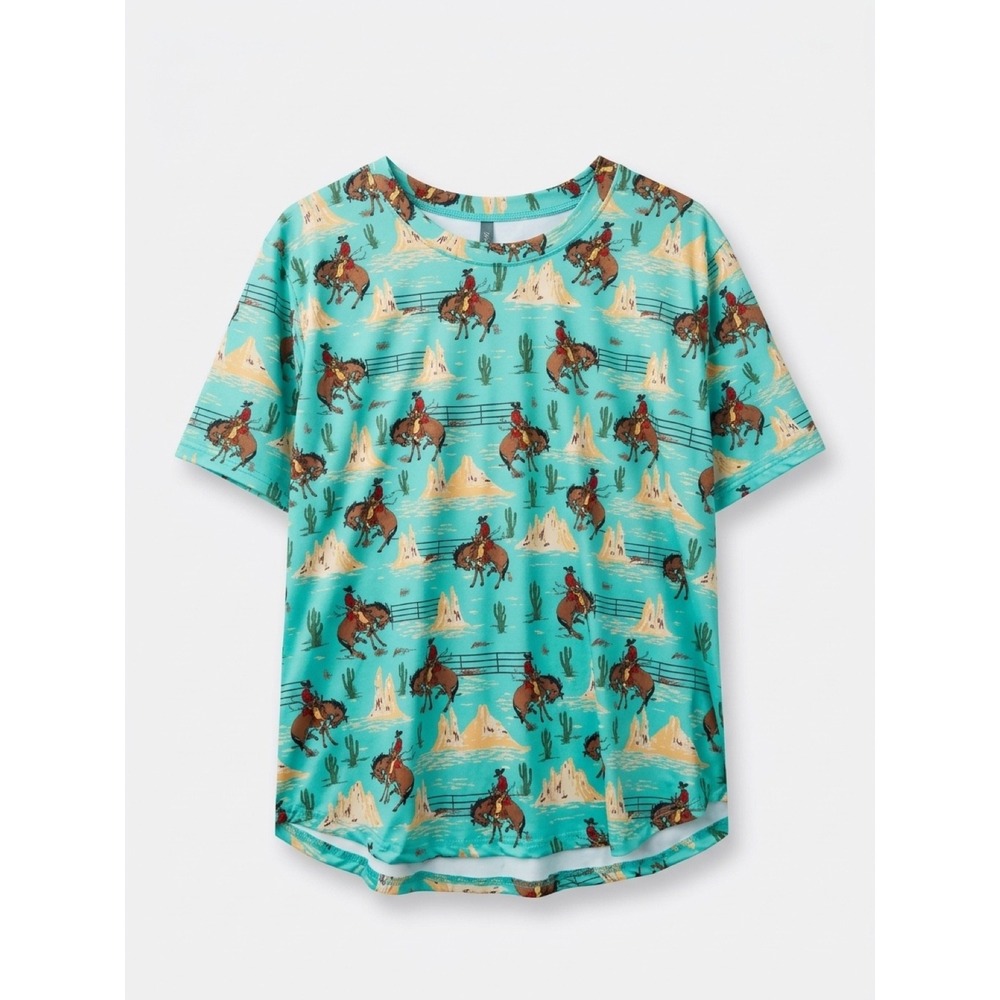Sterling Kreek Turquoise Western Bronc Rider Print T-Shirt XL Short Sleeve Top